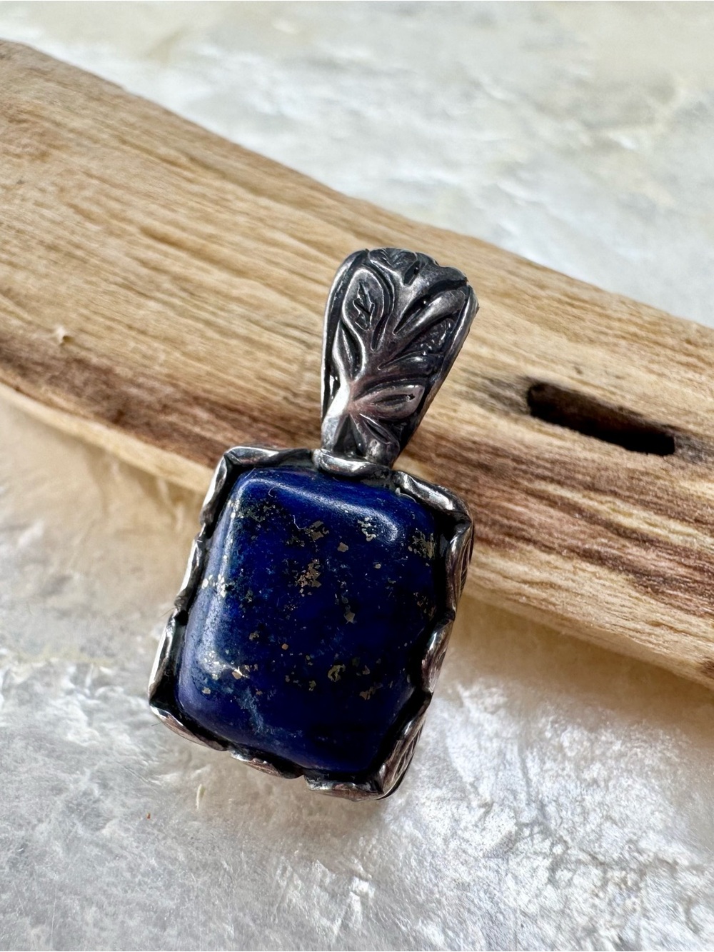 Vtg 925 Sterling Silver Lapis Lazuli Square Pendant Leaf Motif Wide Bail